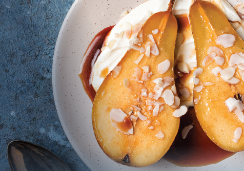 close up of a caramelized pear dessert dish