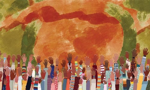 painting of people of various ethnic backgrounds raising their hands in the air in solidarity